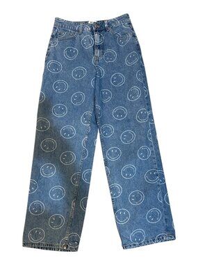 Smiley H&M Sz 4 Blue & White Smiley Pattern 5-Pocket Wide Leg Jeans